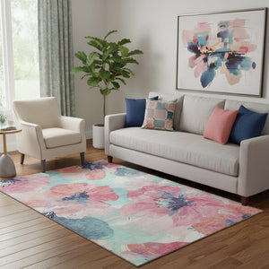 HomeRoots 5' X 8' Floral Washable Area Rug in Pink, Blue & Ivory - UV Protected, Stain Resistant, Durable Comfort 694390