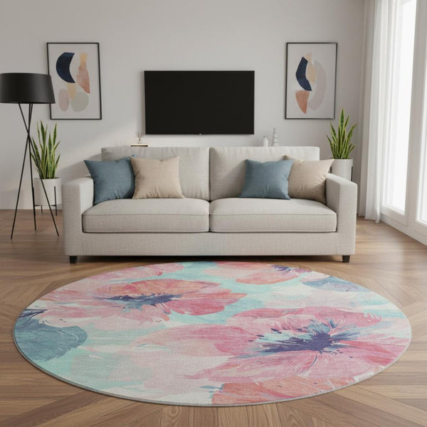 HomeRoots 8' X 8' Floral Washable Round Rug in Pink, Blue & Ivory - UV Protected, Durable & Easy to Clean! 694391