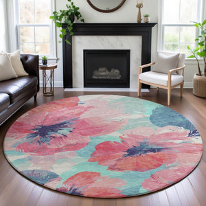 HomeRoots 8' X 8' Floral Washable Round Rug in Pink, Blue & Ivory - UV Protected, Durable & Easy to Clean! 694391
