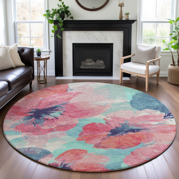 HomeRoots 8' X 8' Floral Washable Round Rug in Pink, Blue & Ivory - UV Protected, Durable & Easy to Clean! 694391