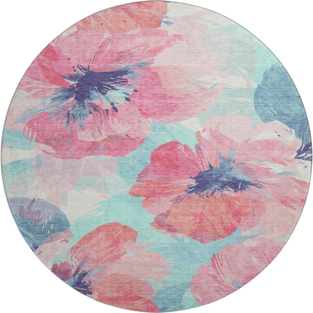 HomeRoots 8' X 8' Floral Washable Round Rug in Pink, Blue & Ivory - UV Protected, Durable & Easy to Clean! 694391