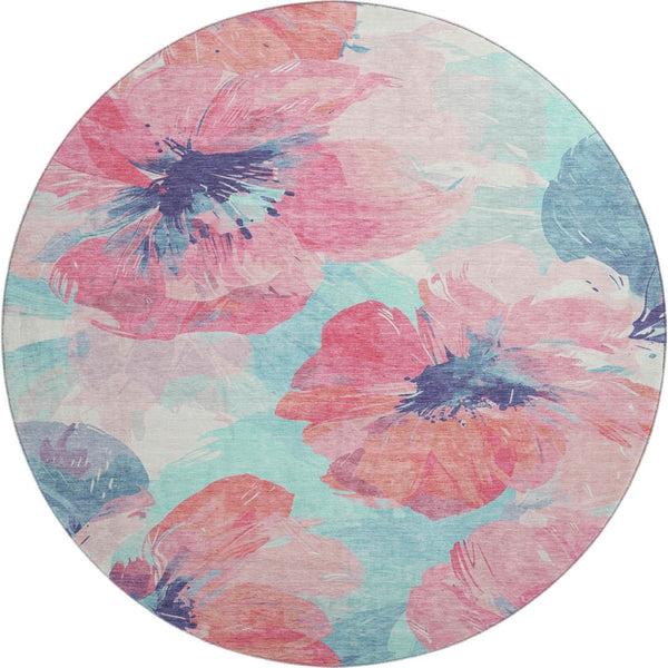 HomeRoots 8' X 8' Floral Washable Round Rug in Pink, Blue & Ivory - UV Protected, Durable & Easy to Clean! 694391