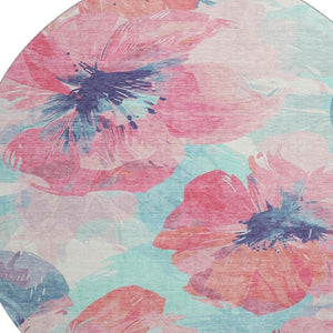 HomeRoots 8' X 8' Floral Washable Round Rug in Pink, Blue & Ivory - UV Protected, Durable & Easy to Clean! 694391