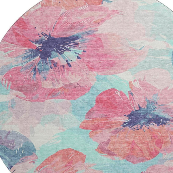 HomeRoots 8' X 8' Floral Washable Round Rug in Pink, Blue & Ivory - UV Protected, Durable & Easy to Clean! 694391