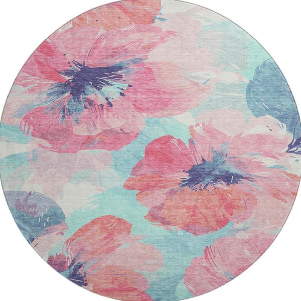 HomeRoots 8' X 8' Floral Washable Round Rug in Pink, Blue & Ivory - UV Protected, Durable & Easy to Clean! 694391
