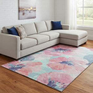 HomeRoots 8' Floral Washable Area Rug in Pink, Blue & Ivory - UV Protected, Non-Slip, Stain-Resistant Design! 694392