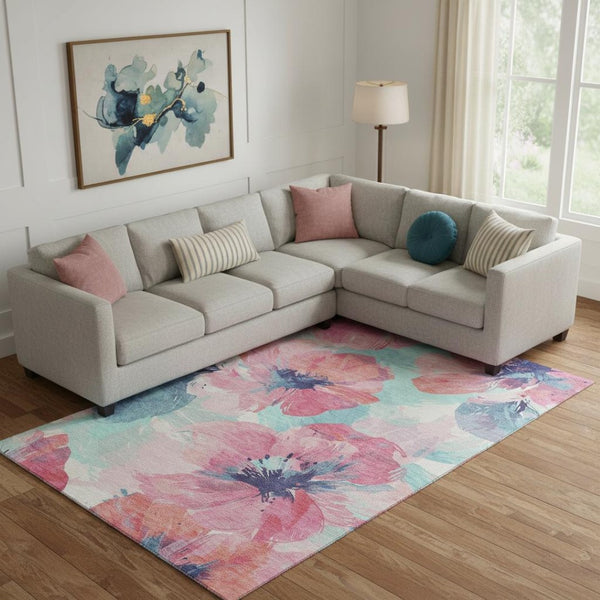HomeRoots 9' X 12' Floral Washable Area Rug in Pink, Blue & Ivory - Durable, UV-Protected & Stain Resistant! 694393