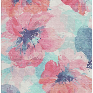 HomeRoots 9' X 12' Floral Washable Area Rug in Pink, Blue & Ivory - Durable, UV-Protected & Stain Resistant! 694393