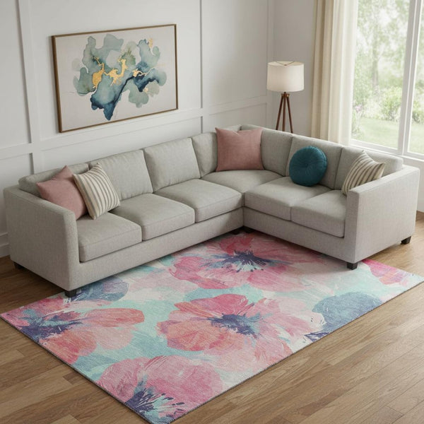 HomeRoots 10' X 14' Floral Washable Area Rug in Pink, Blue & Ivory - Durable, Stain Resistant, UV Protected Design 694394