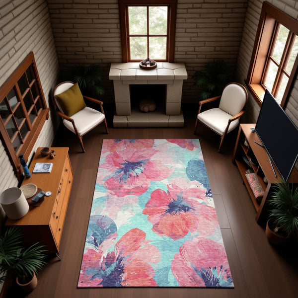 HomeRoots 10' X 14' Floral Washable Area Rug in Pink, Blue & Ivory - Durable, Stain Resistant, UV Protected Design 694394