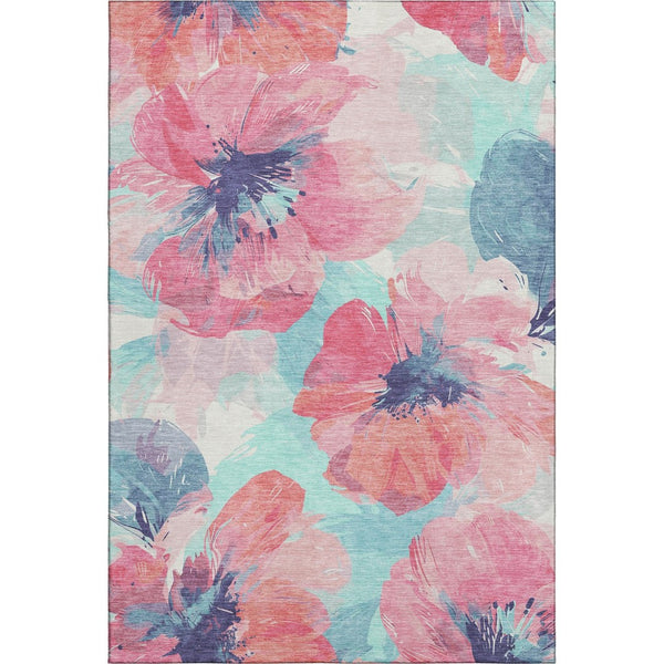 HomeRoots 10' X 14' Floral Washable Area Rug in Pink, Blue & Ivory - Durable, Stain Resistant, UV Protected Design 694394
