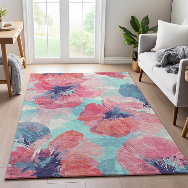 HomeRoots 10' X 14' Floral Washable Area Rug in Pink, Blue & Ivory - Durable, Stain Resistant, UV Protected Design 694394