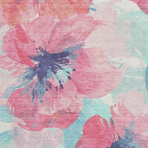HomeRoots 10' X 14' Floral Washable Area Rug in Pink, Blue & Ivory - Durable, Stain Resistant, UV Protected Design 694394