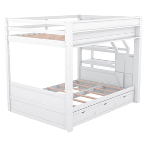 English Elm Wood Full Size Convertible Bunk Bed with Staircase Storage, Bedside Table and 3 Large Drawers, Durable Pine Finish White GX000335AAK-1
