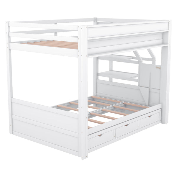 English Elm Wood Full Size Convertible Bunk Bed with Staircase Storage, Bedside Table and 3 Large Drawers, Durable Pine Finish White GX000335AAK-1