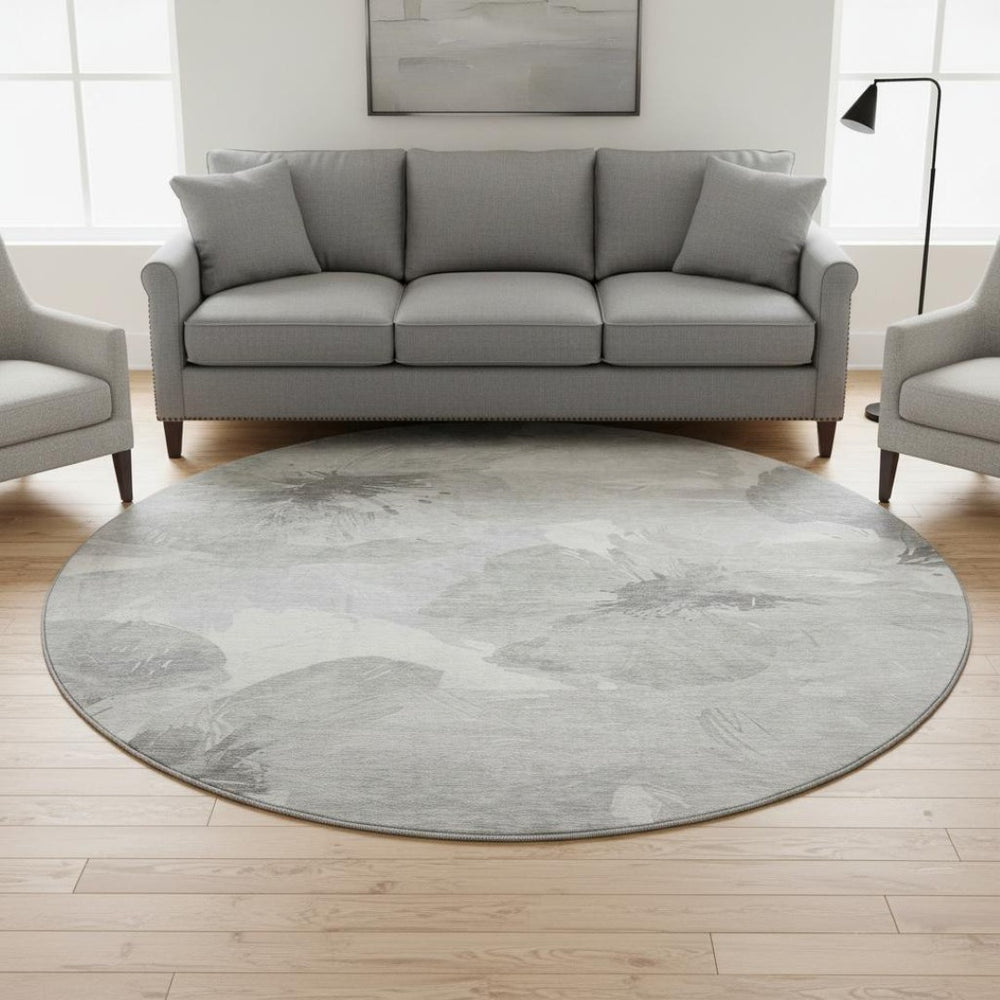 HomeRoots 8' Round Beige Gray Ivory Floral Rug - Washable, UV Protected, Family-Friendly & Stylish Décor Piece 694397
