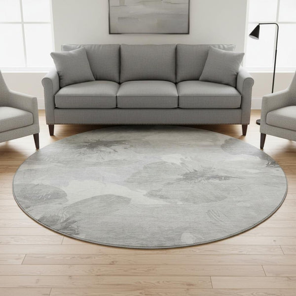 HomeRoots 8' Round Beige Gray Ivory Floral Rug - Washable, UV Protected, Family-Friendly & Stylish Décor Piece 694397