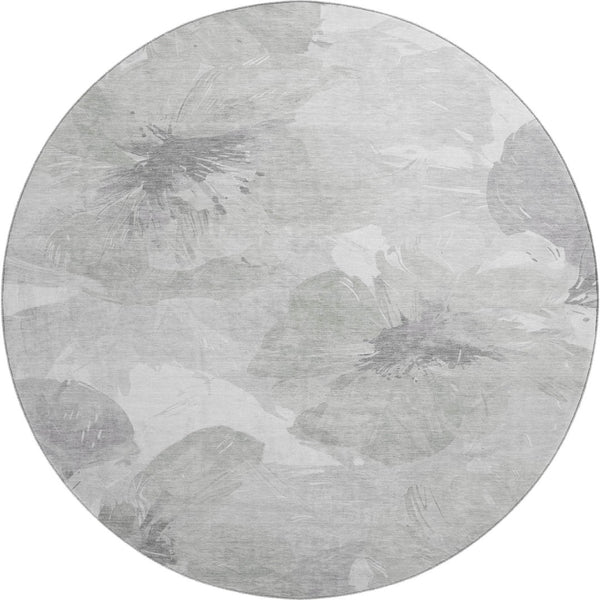 HomeRoots 8' Round Beige Gray Ivory Floral Rug - Washable, UV Protected, Family-Friendly & Stylish Décor Piece 694397