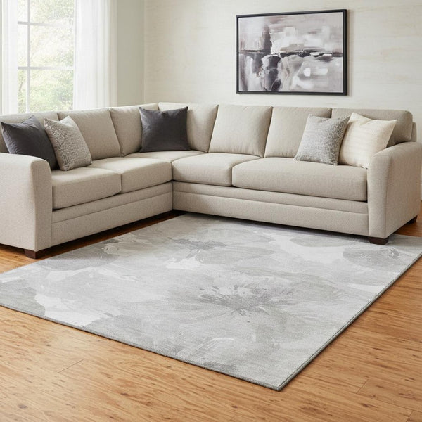 HomeRoots 8' Beige Gray Floral Area Rug - Washable, UV-Protected, Stain-Resistant, Ideal for Family Homes 694398