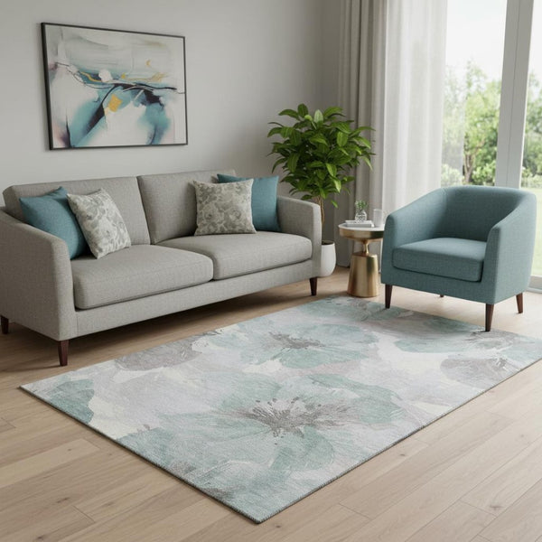 HomeRoots 5' X 8' Pale Aqua Floral Area Rug - Washable, UV Protected, Durable, and Stylish for Any Room 694402