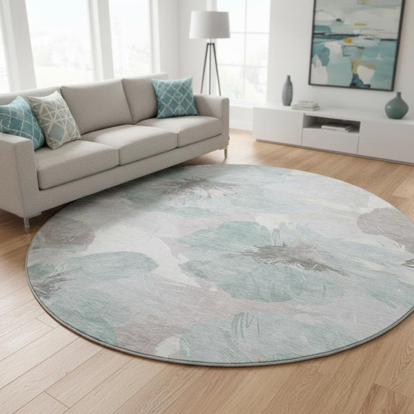 HomeRoots 8' Round Washable Rug in Pale Aqua, Ivory & Gray Floral Design – Stain-Resistant & UV Protected 694403