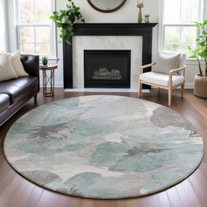 HomeRoots 8' Round Washable Rug in Pale Aqua, Ivory & Gray Floral Design – Stain-Resistant & UV Protected 694403