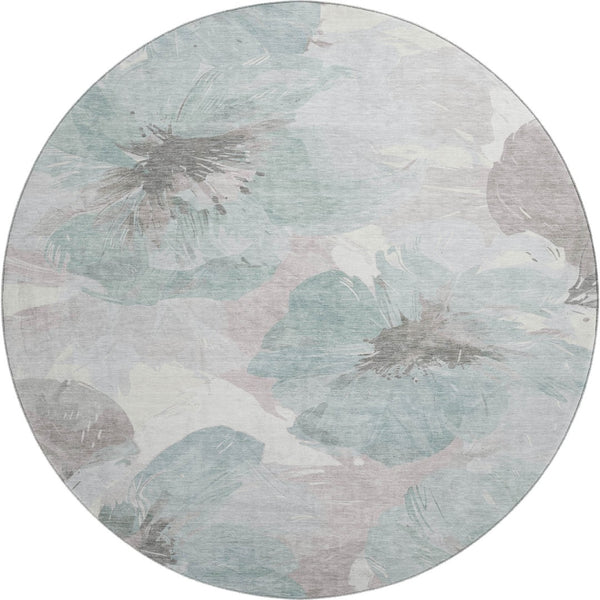 HomeRoots 8' Round Washable Rug in Pale Aqua, Ivory & Gray Floral Design – Stain-Resistant & UV Protected 694403