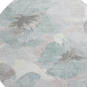 HomeRoots 8' Round Washable Rug in Pale Aqua, Ivory & Gray Floral Design – Stain-Resistant & UV Protected 694403