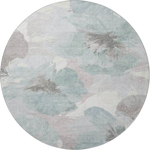 HomeRoots 8' Round Washable Rug in Pale Aqua, Ivory & Gray Floral Design – Stain-Resistant & UV Protected 694403