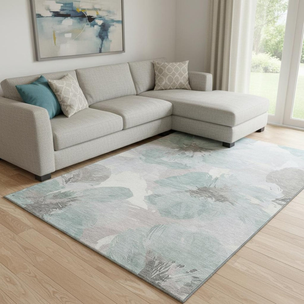 HomeRoots 8' Pale Aqua, Ivory & Gray Floral Area Rug - Washable, UV-Protected, Pet-Friendly for Everyday Elegance 694404
