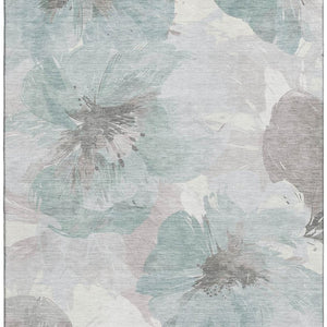HomeRoots 8' Pale Aqua, Ivory & Gray Floral Area Rug - Washable, UV-Protected, Pet-Friendly for Everyday Elegance 694404