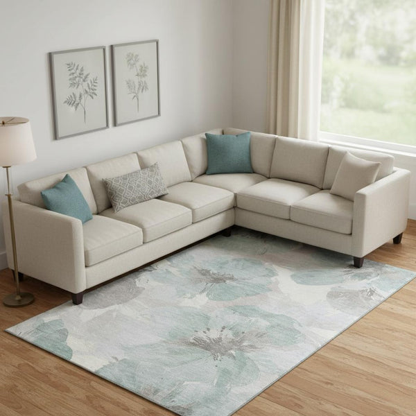 HomeRoots 9' X 12' Floral Area Rug in Pale Aqua & Gray - Washable, UV Protected, Durable for Family Spaces 694405