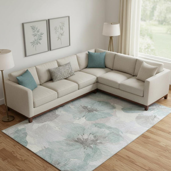 HomeRoots 10' X 14' Floral Area Rug in Pale Aqua, Ivory & Gray - Washable, UV-Protected for High-Traffic Spaces 694406