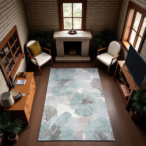 HomeRoots 10' X 14' Floral Area Rug in Pale Aqua, Ivory & Gray - Washable, UV-Protected for High-Traffic Spaces 694406