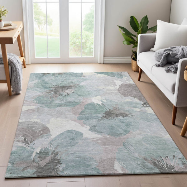 HomeRoots 10' X 14' Floral Area Rug in Pale Aqua, Ivory & Gray - Washable, UV-Protected for High-Traffic Spaces 694406