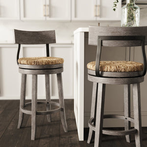 English Elm 31" Reclaimed Wood Barstool Woven Seagrass Seat Swivel Return for Kitchen Islands Gray B2751P436447