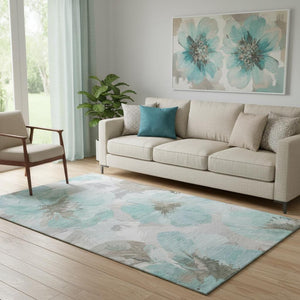 HomeRoots 5' X 8' Washable Teal, Ivory & Beige Floral Area Rug - Durable, Stain-Resistant, UV Protected Design! 694408