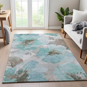 HomeRoots 5' X 8' Washable Teal, Ivory & Beige Floral Area Rug - Durable, Stain-Resistant, UV Protected Design! 694408