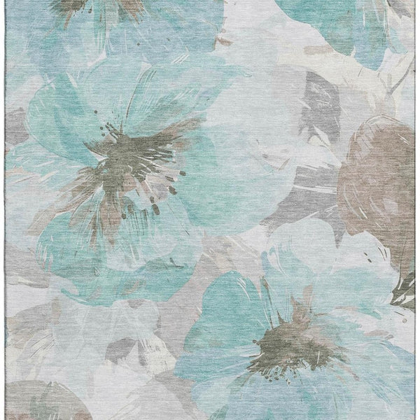 HomeRoots 5' X 8' Washable Teal, Ivory & Beige Floral Area Rug - Durable, Stain-Resistant, UV Protected Design! 694408