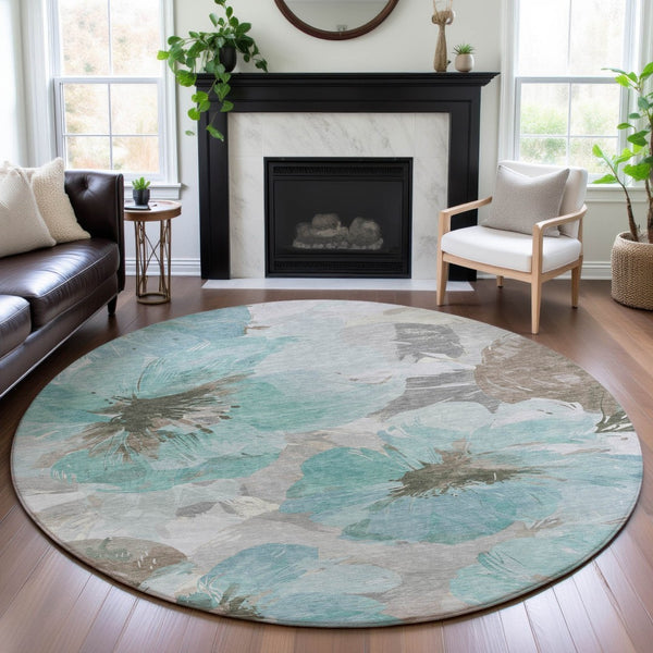 HomeRoots 8' X 8' Teal Ivory Beige Floral Round Rug - Washable, UV-Protected & Stain-Resistant for Homes 694409