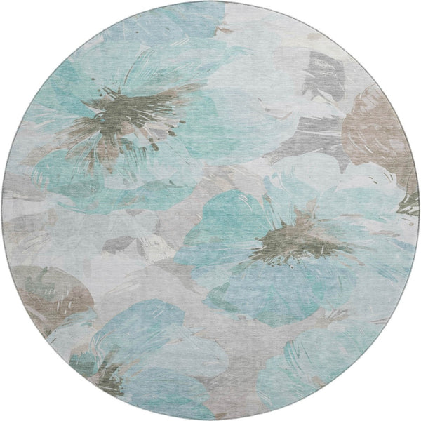HomeRoots 8' X 8' Teal Ivory Beige Floral Round Rug - Washable, UV-Protected & Stain-Resistant for Homes 694409