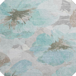 HomeRoots 8' X 8' Teal Ivory Beige Floral Round Rug - Washable, UV-Protected & Stain-Resistant for Homes 694409