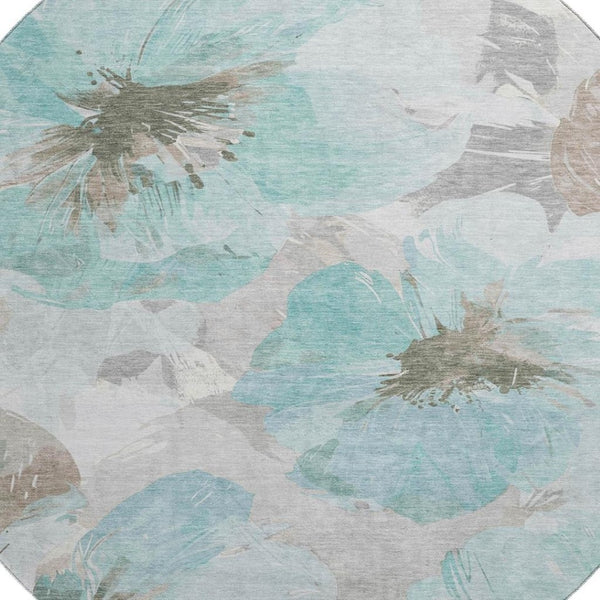 HomeRoots 8' X 8' Teal Ivory Beige Floral Round Rug - Washable, UV-Protected & Stain-Resistant for Homes 694409
