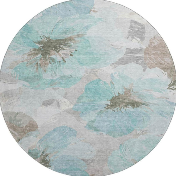 HomeRoots 8' X 8' Teal Ivory Beige Floral Round Rug - Washable, UV-Protected & Stain-Resistant for Homes 694409