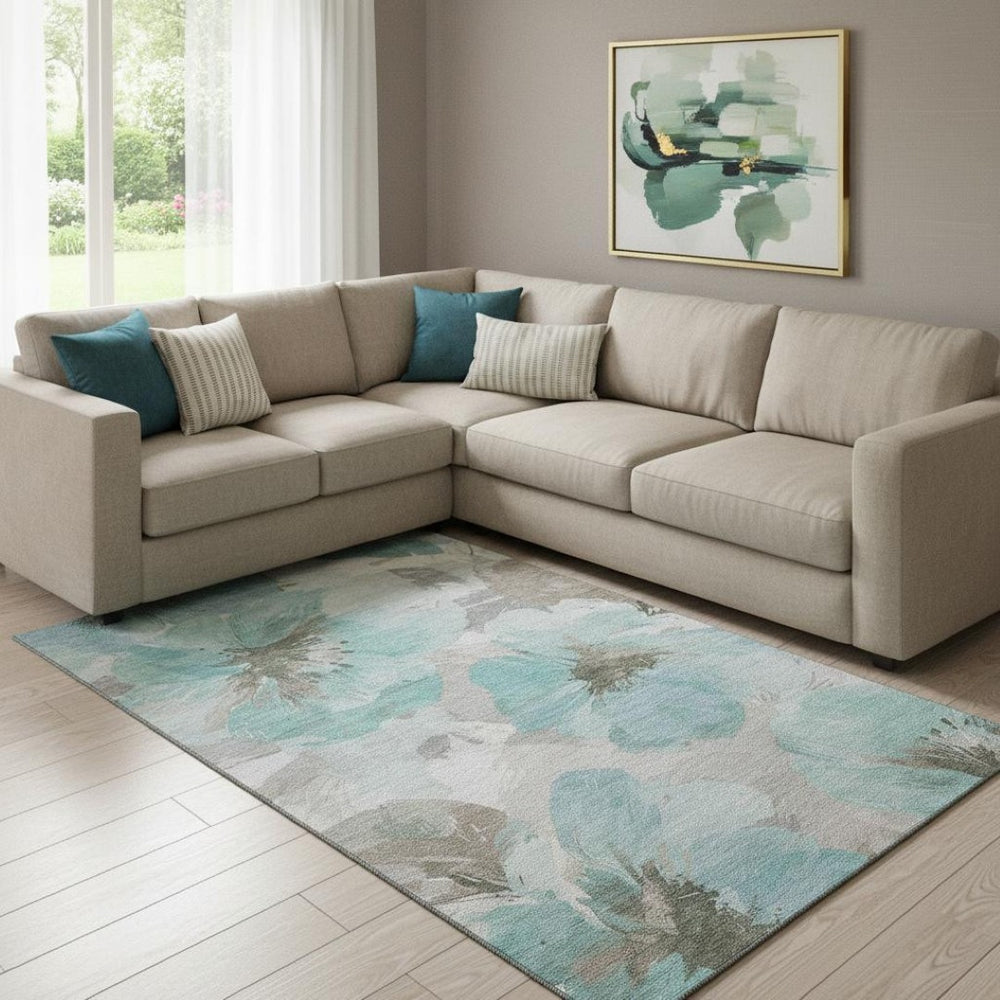 HomeRoots 8' Teal Floral Area Rug - Durable, Washable, UV-Protected Design for High-Traffic Spaces & Homes 694410
