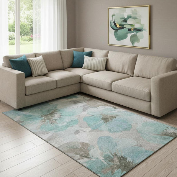 HomeRoots 8' Teal Floral Area Rug - Durable, Washable, UV-Protected Design for High-Traffic Spaces & Homes 694410