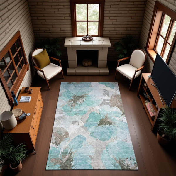 HomeRoots 8' Teal Floral Area Rug - Durable, Washable, UV-Protected Design for High-Traffic Spaces & Homes 694410