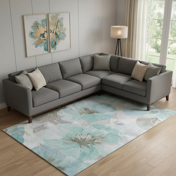 HomeRoots 9' X 12' Floral Area Rug in Teal, Ivory & Beige - Washable, Stain-Resistant, UV Protected for Homes 694411