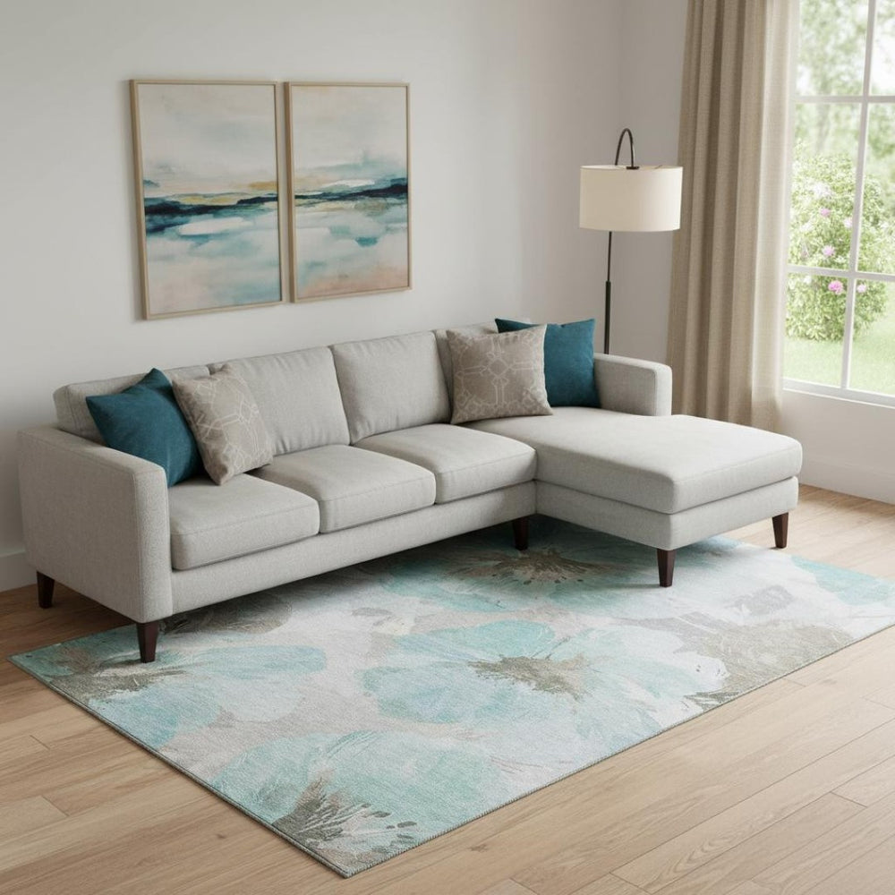 HomeRoots 10' Teal Floral Area Rug - Washable, Stain-Resistant, UV Protected, Ideal for Homes with Kids & Pets 694412