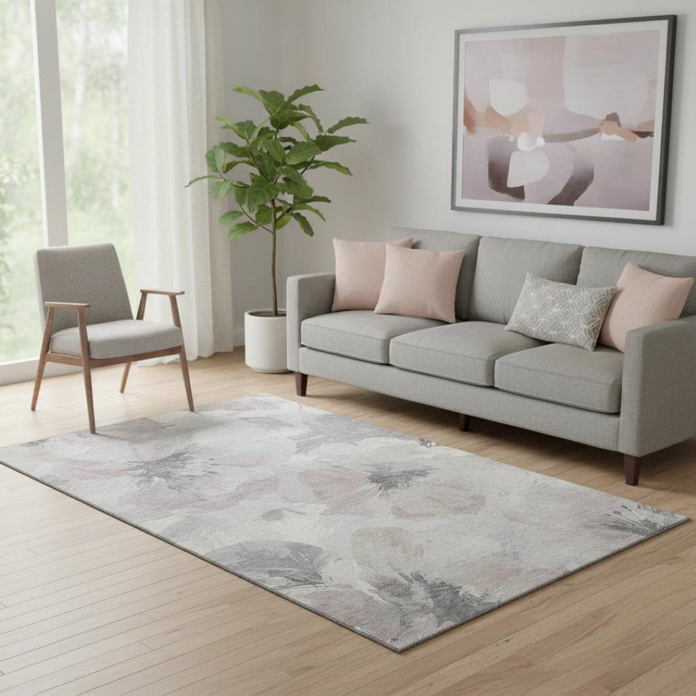 HomeRoots 5' X 8' Floral Washable Area Rug in Taupe, Ivory & Gray – UV Protected, Stain-Resistant Comfort! 694414
